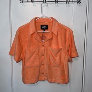 New UGG Saniyah SS Button Down Terry Short Sleeve Shirt Orange size M